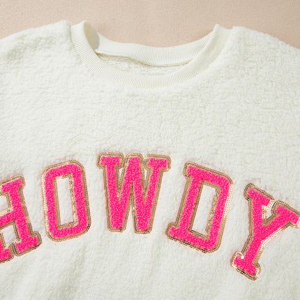 HOWDY Patched Round Neck Sherpa Sweatshirt