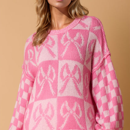 Double Take Full Size Checkered Bow Contrast Long Sleeve Sweater