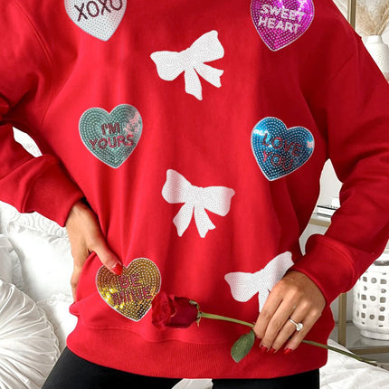 Valentine’s Day Sequin Bow Heart Round Neck Sweatshirt