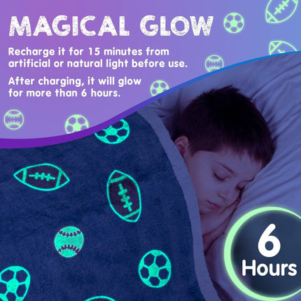 Glow in The Dark Blanket 6 Hours Glow 50 x 60 Inch Blue Flannel Fleece Blanket for Boys Two Sided Soccer Kids Blanket 6 Hours Glow in The Dark Blankets