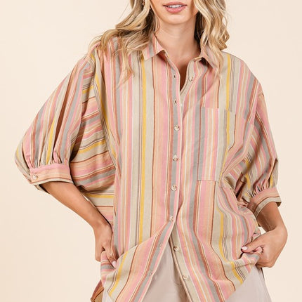 Mittoshop Striped Bubble Sleeve Button Down Shirt