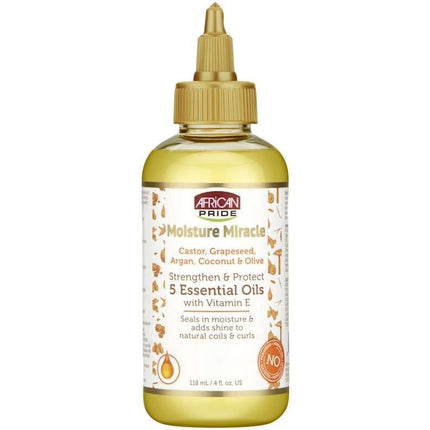 Tia's Treasure Collections African Pride Moisture Miracle 4 oz bottle with 5 essential oils for strengthening and protecting hair.