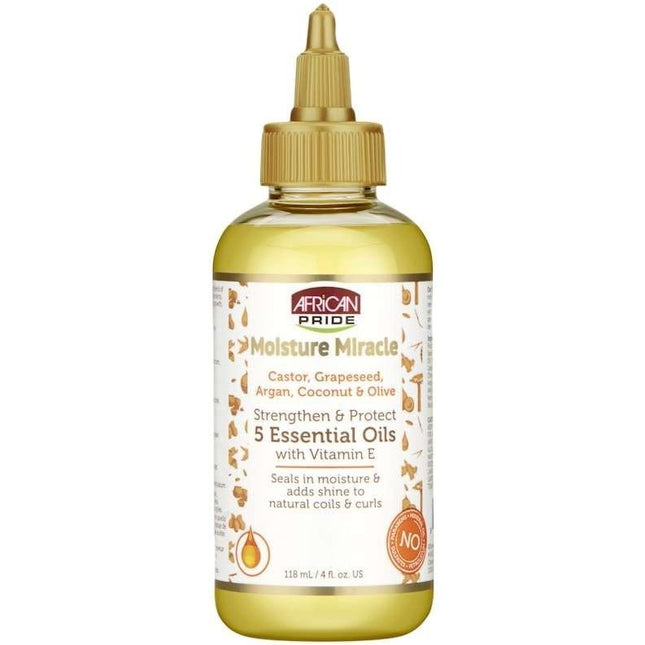 Tia's Treasure Collections African Pride Moisture Miracle 4 oz bottle with 5 essential oils for strengthening and protecting hair.