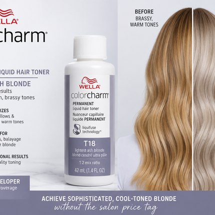 Wella Colorcharm Permanent Liquid Hair Toner T18 Lightest Ash Blonde 1.4 Fl Oz