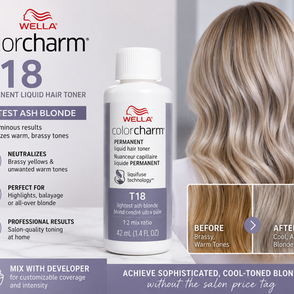 Wella Colorcharm Permanent Liquid Hair Toner T18 Lightest Ash Blonde 1.4 Fl Oz