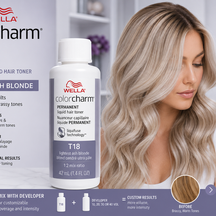 Wella Colorcharm Permanent Liquid Hair Toner T18 Lightest Ash Blonde 1.4 Fl Oz