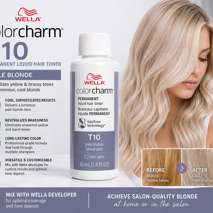 Wella Colorcharm Permanent Liquid Hair Toner T10 Pale Blonde 1.4 Fl Oz