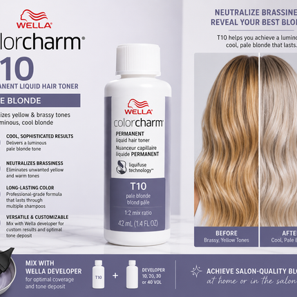 Wella Colorcharm Permanent Liquid Hair Toner T10 Pale Blonde 1.4 Fl Oz