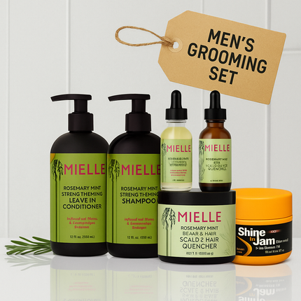 Mielle Rosemary Mint bundle kit + Shine ’N Jam extra hold styling products—tailored for men