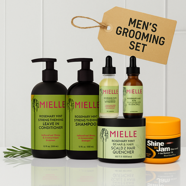 Mielle Rosemary Mint bundle kit + Shine ’N Jam extra hold styling products—tailored for men