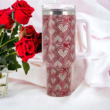 Gift Giving Red & White Hearts Shape 40oz Stainless Steel Insulated Tumbler Ideal for Mother's Day, Birthday & Graduation Gift