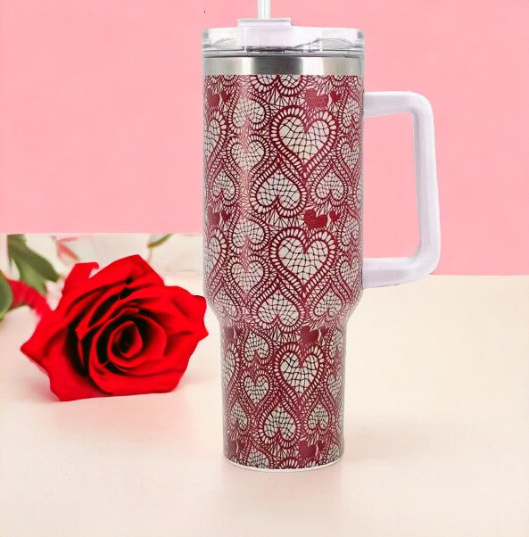 Gift Giving Red & White Hearts Shape 40oz Stainless Steel Insulated Tumbler Ideal for Mother's Day, Birthday & Graduation Gift