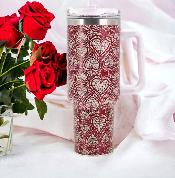 Gift Giving Red & White Hearts Shape 40oz Stainless Steel Insulated Tumbler Ideal for Mother's Day, Birthday & Graduation Gift