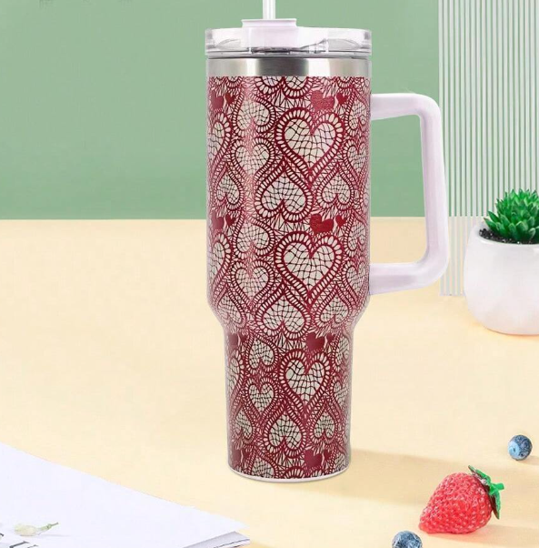 Gift Giving Red & White Hearts Shape 40oz Stainless Steel Insulated Tumbler Ideal for Mother's Day, Birthday & Graduation Gift