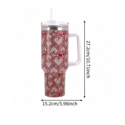 Gift Giving Red & White Hearts Shape 40oz Stainless Steel Insulated Tumbler Ideal for Mother's Day, Birthday & Graduation Gift