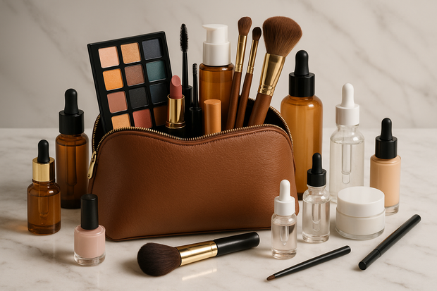 A cosmetic brown bag with beauty products that included make up, shampoo, brush, sitting on a marble tabletop additional beauty products on the side.