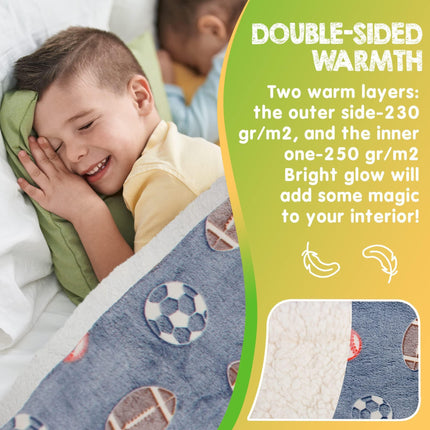 Glow in The Dark Blanket 6 Hours Glow 50 x 60 Inch Blue Flannel Fleece Blanket for Boys Two Sided Soccer Kids Blanket 6 Hours Glow in The Dark Blankets