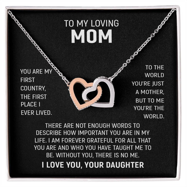 To My Loving Mom, I Love You, Your Daughter | Interlocking Hearts Necklace (Yellow & White Gold Variants)