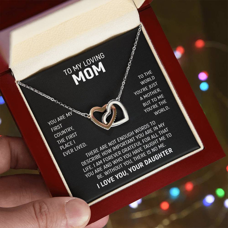 To My Loving Mom, I Love You, Your Daughter | Interlocking Hearts Necklace (Yellow & White Gold Variants)