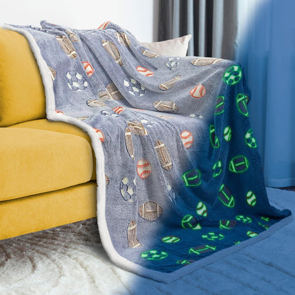 Glow in The Dark Blanket 6 Hours Glow 50 x 60 Inch Blue Flannel Fleece Blanket for Boys Two Sided Soccer Kids Blanket 6 Hours Glow in The Dark Blankets
