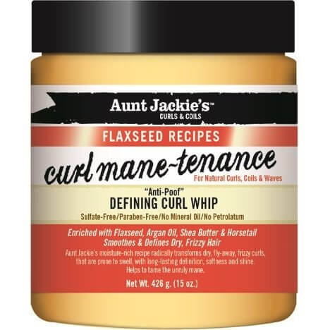 Aunt Jackie's Flaxseed Curl Whip hair cream for defining curls and reducing frizz, enriched with flaxseed and shea butter.