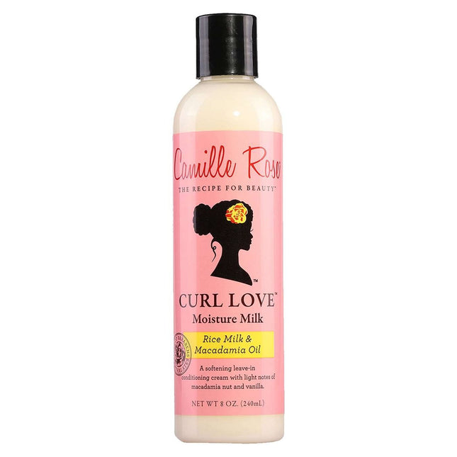 Bottle of Camille Rose Curl Love Moisture Milk featuring rice milk and macadamia oil for moisturizing and softening curls.