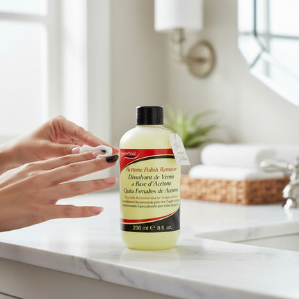 Tia's Treasure Collections Super Nail acetone polish remover bottle on a marble bathroom counter with a hand removing polish