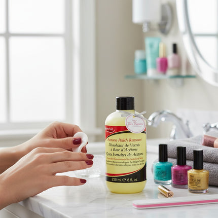 Tia's Treasure Collections Super Nail acetone polish remover bottle on a marble bathroom counter with nail supplies.