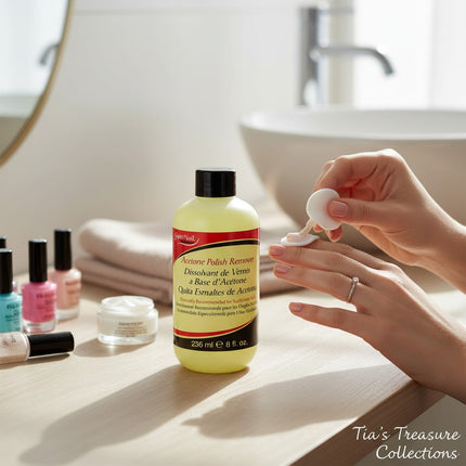 Tia's Treasure Collections Super Nail acetone polish remover bottle on a vanity with cotton pad and nail polishes