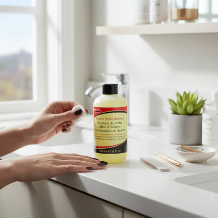 Tia's Treasure Collections Super Nail acetone polish remover bottle on a bathroom vanity with a cotton pad