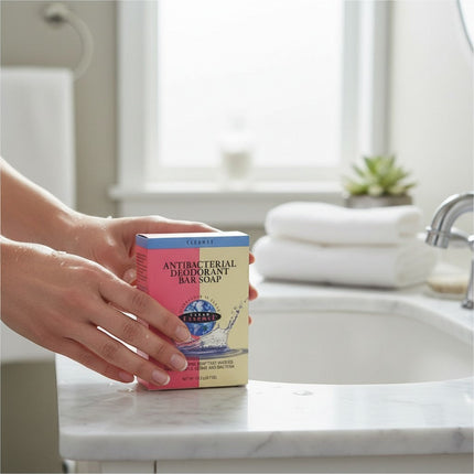 Tia's Treasure Collections Clear Essence Platinum Line antibacterial deodorant bar soap held in hands by a sink.