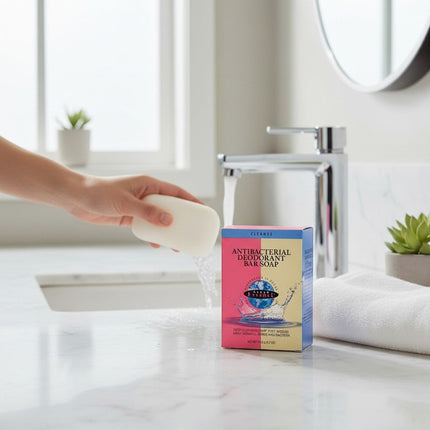 Tia's Treasure Collections Clear Essence Platinum Line antibacterial deodorant bar soap in a bathroom setting