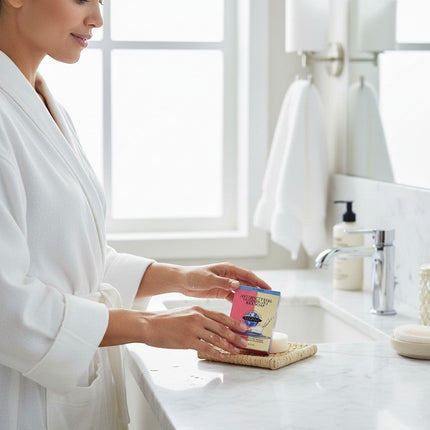 Tia's Treasure Collections Clear Essence Platinum Line antibacterial deodorant bar soap held by a woman in a robe