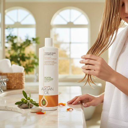 Tia's Treasure Collections One N Only Argan Oil Moisture Repair Conditioner bottle on a bathroom vanity