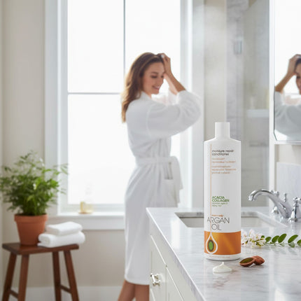 Tia's Treasure Collections One N Only Argan Oil moisture repair conditioner bottle on a bathroom vanity
