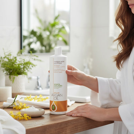 Tia's Treasure Collections One N Only Argan Oil Moisture Repair Conditioner bottle held by a woman in a bathroom