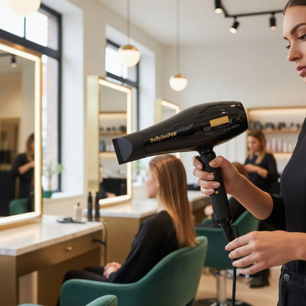 Tia's Treasure Collections Babyliss 4Barber black professional hair dryer held by a stylist in a salon.