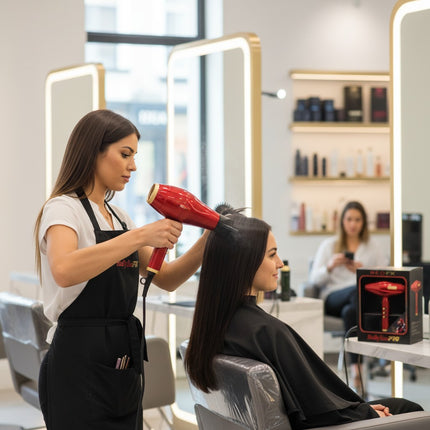 Tia's Treasure Collections Babyliss 4Barber red hair dryer used by a stylist on a client in a modern salon