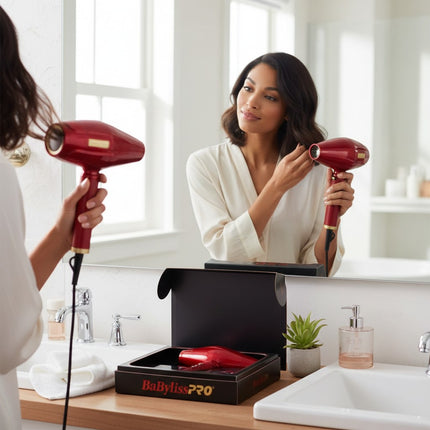 Tia's Treasure Collections Babyliss 4Barber Influencer Edition red hair dryer held by a woman in a bathroom mirror.
