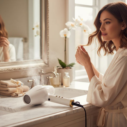 Tia's Treasure Collections Babyliss 4Barber white professional hair dryer on a marble bathroom vanity