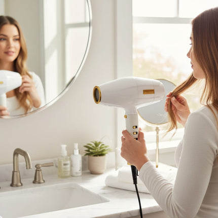 Tia's Treasure Collections Babyliss 4Barber white hair dryer being used by a woman in a bright, modern bathroom.