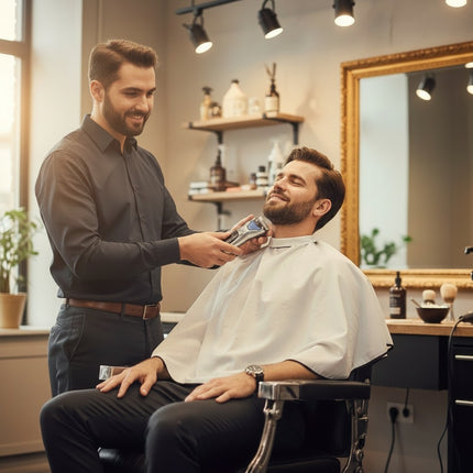 Tia's Treasure Collections barber using a Barbasol stainless steel power single blade trimmer on a client's beard.