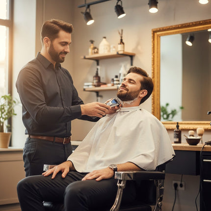Tia's Treasure Collections Barbasol stainless steel electric shaver being used by a barber on a client in a salon.