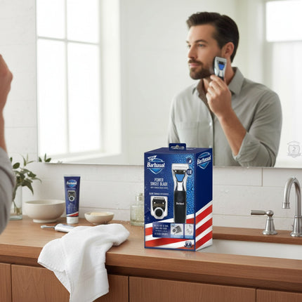 Tia's Treasure Collections Barbasol power single blade shaver with stainless steel attachments on bathroom counter