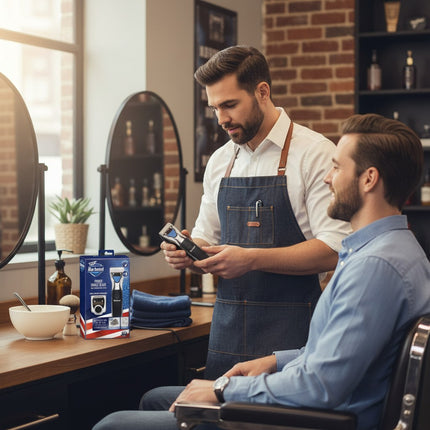 Tia's Treasure Collections Barbasol power single blade trimmer with stainless steel attachments in a barbershop.