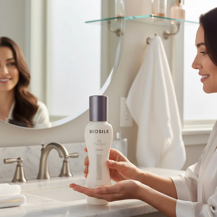 Tia's Treasure Collections Biosilk Silk Therapy leave-in hair treatment bottle held by a woman in a bright bathroom