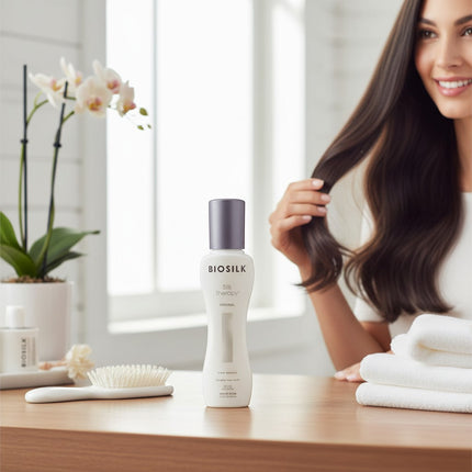 Tia's Treasure Collections Biosilk Silk Therapy leave-in hair treatment bottle on a vanity with a smiling woman