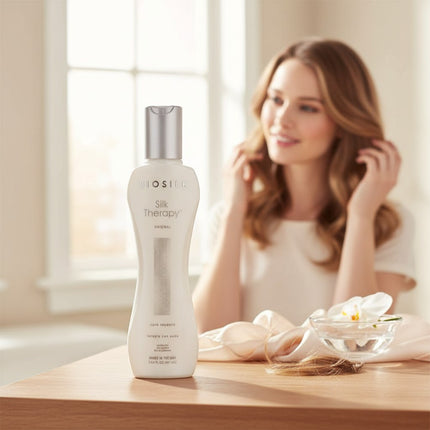 Tia's Treasure Collections Biosilk Silk Therapy hair treatment bottle on a table with a woman in the background.