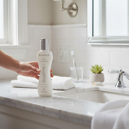 Tia's Treasure Collections Biosilk Silk Therapy hair treatment bottle held on a marble bathroom counter.