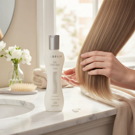 Tia's Treasure Collections Biosilk Silk Therapy hair treatment bottle on a bathroom vanity with healthy blonde hair